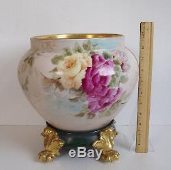 LIMOGES ROSES Artist Signed JARDINIERE Hand Painted Antique GOLD PAW FOOT PLINTH