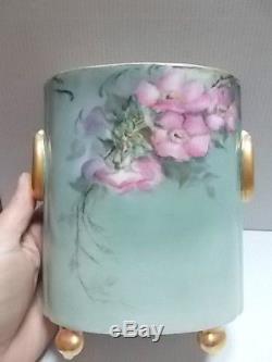 LIMOGES footed Cache Pot hand painted florals pretty green & pink