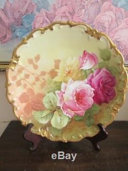 L R L Limoges France Handpainted Charger Plate Pink Red Roses Gold Signed Noftys