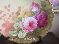 L R L Limoges France Handpainted Charger Plate Pink Red Roses Gold Signed Noftys