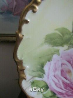 L R L Limoges France Handpainted Charger Plate Roses Gold Signed Henrios