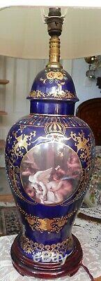 Large Antique French Style Porcelain Lamp Hand Painted Gild Enamel Cobalt Blue