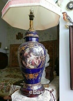 Large Antique French Style Porcelain Lamp Hand Painted Gild Enamel Cobalt Blue