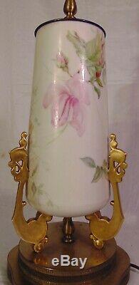 Large French Limoges Hand Painted Porcelain Pink Yellow Rose Vase Lamp