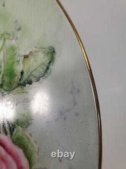 Large Hand Painted LIMOGES PINK ROSES Porcelain Charger Artist Signed