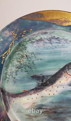 Large Hand Painted Limoges Fish Charger Plate Artist Signed 1902 Ethereal Scene