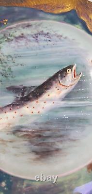 Large Hand Painted Limoges Trout Charger Artist Signed 1902 Gold Encrusted