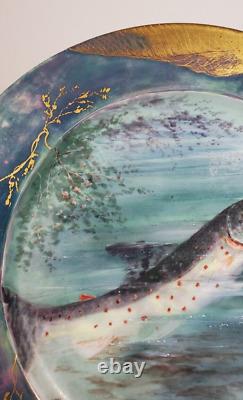 Large Hand Painted Limoges Trout Charger Artist Signed 1902 Gold Encrusted