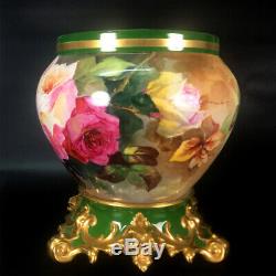 Large Limoges France hand-painted roses Jardiniere on separate base, 1892 -1907