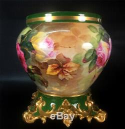 Large Limoges France hand-painted roses Jardiniere on separate base, 1892 -1907