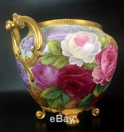 Large Limoges France hand-painted roses and mums jardiniere, artist signed, 1922