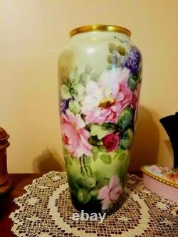 Large Limoges Hand Painted Lilac Rose Vase, Artist Signed
