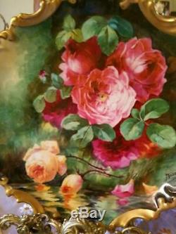 Large Limoges Hand Painted Rose Charger Plaque, Listed Artist Signed, Duval