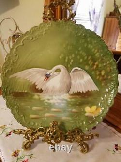 Large Limoges Hand Painted Swan Plate Charger, Artist Signed