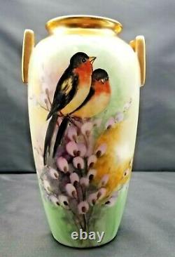 Large Porcelain Hand Painted Vase with Robin Birds & Flowers Signed Jorgensen