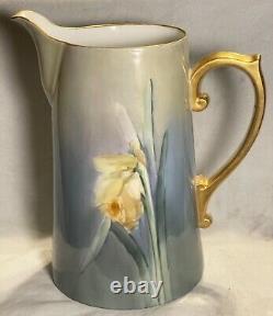 Large all hand painted daffodils T&V LIMOGES water pitcher w gold AWESOME