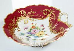 Le Tallec Red Bowl Flowers Gold Scroll France Porcelain Hand Painted Limoges