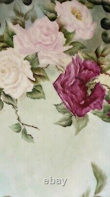 Limoge France Hand Painted Punchbowl Pink, Red, And White Roses