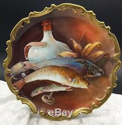 Limoges AK Co France Hand Painted Game Fish Wine Gold Border Porcelain Plate