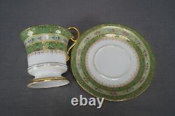 Limoges Ahrenfeldt Hand Painted Floral Green Raised Gold Chocolate Cup & Saucer