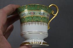 Limoges Ahrenfeldt Hand Painted Floral Green Raised Gold Chocolate Cup & Saucer