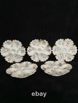 Limoges Antique 5 Hand Painted Oyster Plates Guerin 1900 Gold France