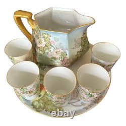Limoges Antique Apple Blossom Hand Painted Signed Cider Set Pitcher Cups Tray