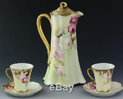 Limoges Antiques Hand Painted Roses Chocolate Pot Set With Caps And Saucers