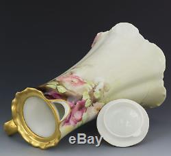Limoges Antiques Hand Painted Roses Chocolate Pot Set With Caps And Saucers