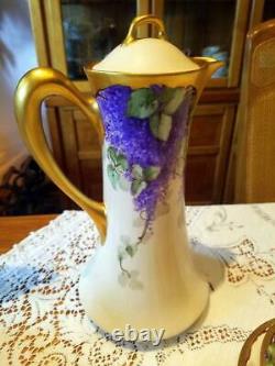 Limoges Art Nouveau Hand Painted Lilac Chocolate Pot Set for 6, Artist Signed