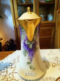Limoges Art Nouveau Hand Painted Lilac Chocolate Pot Set for 6, Artist Signed