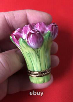 Limoges Beautiful Hand Painted Tulip Trinket Box with Ladybug (France)