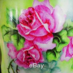 Limoges CACHEPOT Vase-Hand Painted Roses Gold Feet Handles-Artist Signed