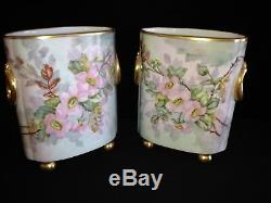 Limoges Cache Pot Vase Hand Painted French Porcelain Vases Set of 2 Matching Pcs