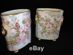 Limoges Cache Pot Vase Hand Painted French Porcelain Vases Set of 2 Matching Pcs