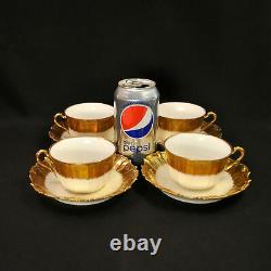 Limoges Coiffe Set of 4 Cups & Saucers Hand Painted Gold Creamy White 1891-1914