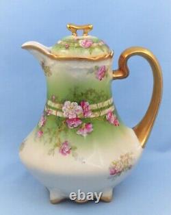 Limoges Coronet France Coffee Pot Hand Painted Flowers Green Gold
