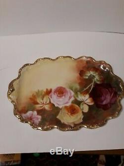 Limoges Coronet Large Roses Vanity Trinket Tray Dish Plate Platter Hand Painted