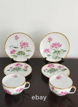 Limoges Dessert Set For 2 Cup Saucer Plate w Hand-Painted Pink Waterlily Flowers