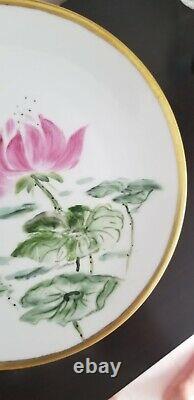 Limoges Dessert Set For 2 Cup Saucer Plate w Hand-Painted Pink Waterlily Flowers