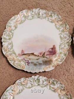 Limoges Fish Dinner Plates Trout Scalloped Edge Hand Painted Antique Lot Of6