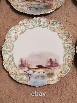 Limoges Fish Dinner Plates Trout Scalloped Edge Hand Painted Antique Lot Of6