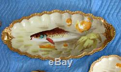 Limoges Fish Set Serving Platter Gravy Boat 8 Plates Hand Painted Signed Norys