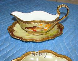 Limoges Fish Set Serving Platter Gravy Boat 8 Plates Hand Painted Signed Norys