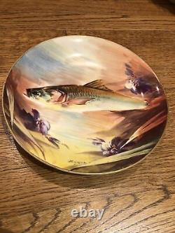 Limoges Flambeau Fish Charger 10 Plate circa 1900 Artist Signed MAB Yellow Gol