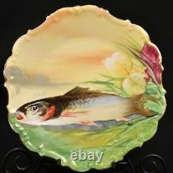 Limoges Flambeau Fish Charger 11 Plate 1890-1914 Artist Signed MAB Yellow Gold