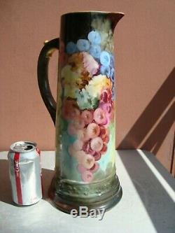 Limoges France 14.5 Hand Painted Grapes Tankard Artist Signed