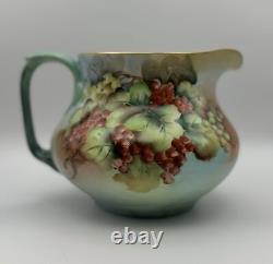 Limoges France Hand-Painted Grape & Leaf Pitcher with Green Handle & Gold Accents