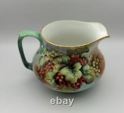 Limoges France Hand-Painted Grape & Leaf Pitcher with Green Handle & Gold Accents