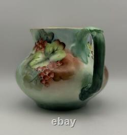 Limoges France Hand-Painted Grape & Leaf Pitcher with Green Handle & Gold Accents